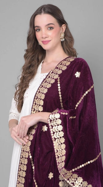 Mayawye Women's Velvet Gotta Patti Dupatta (Wine, Length: 2.25 to 2.50 Mtr)