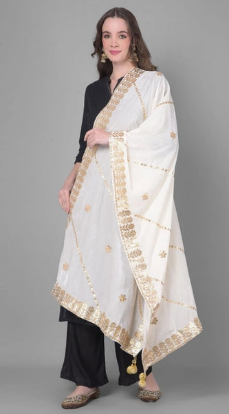 Mayawye Women's Velvet Gotta Patti Dupatta (White, Length: 2.25 to 2.50 Mtr)
