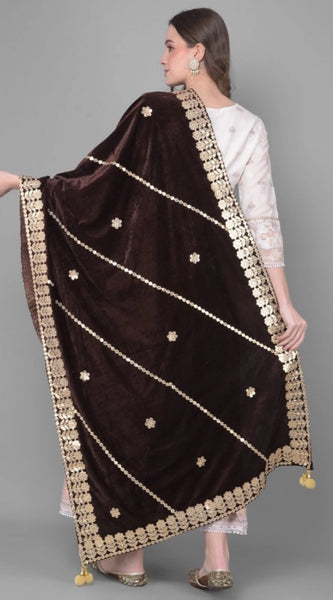 Mayawye Women's Velvet Gotta Patti Dupatta (Brown, Length: 2.25 to 2.50 Mtr)