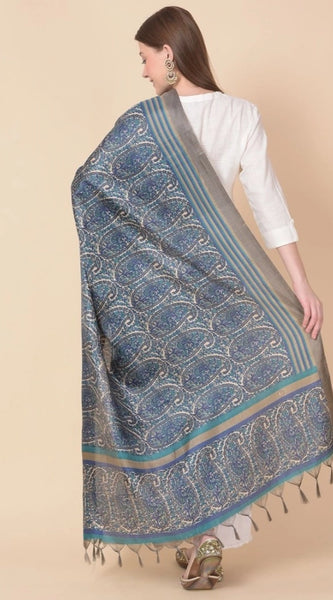 Mayawye Women's Art Silk Printed Dupatta (Blue, Length: 2.25 to 2.50 Mtr)