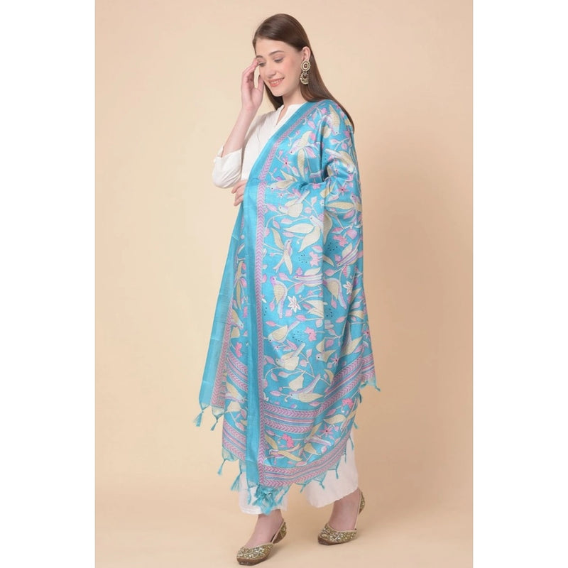 Mayawye Women's Art Silk Printed Dupatta (Turquoise, Length: 2.25 to 2.50 Mtr)