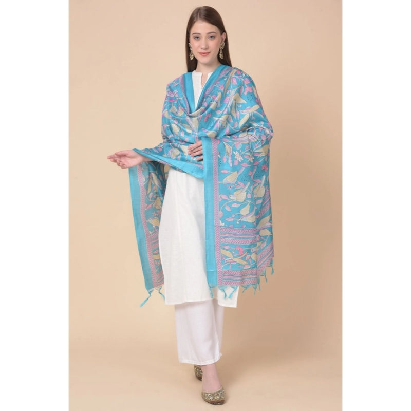 Mayawye Women's Art Silk Printed Dupatta (Turquoise, Length: 2.25 to 2.50 Mtr)