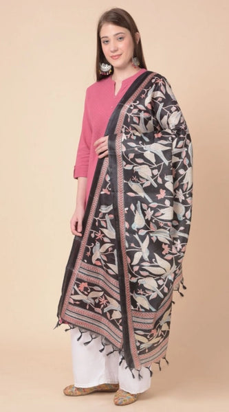 Mayawye Women's Art Silk Printed Dupatta (Black, Length: 2.25 to 2.50 Mtr)