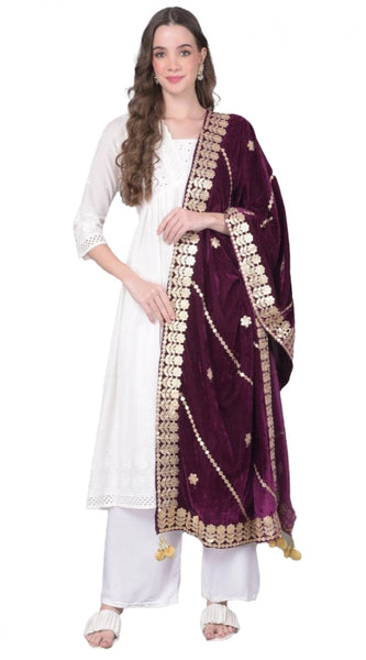 Mayawye Women's Velvet Gotta Patti Dupatta (Wine, Length: 2.25 to 2.50 Mtr)