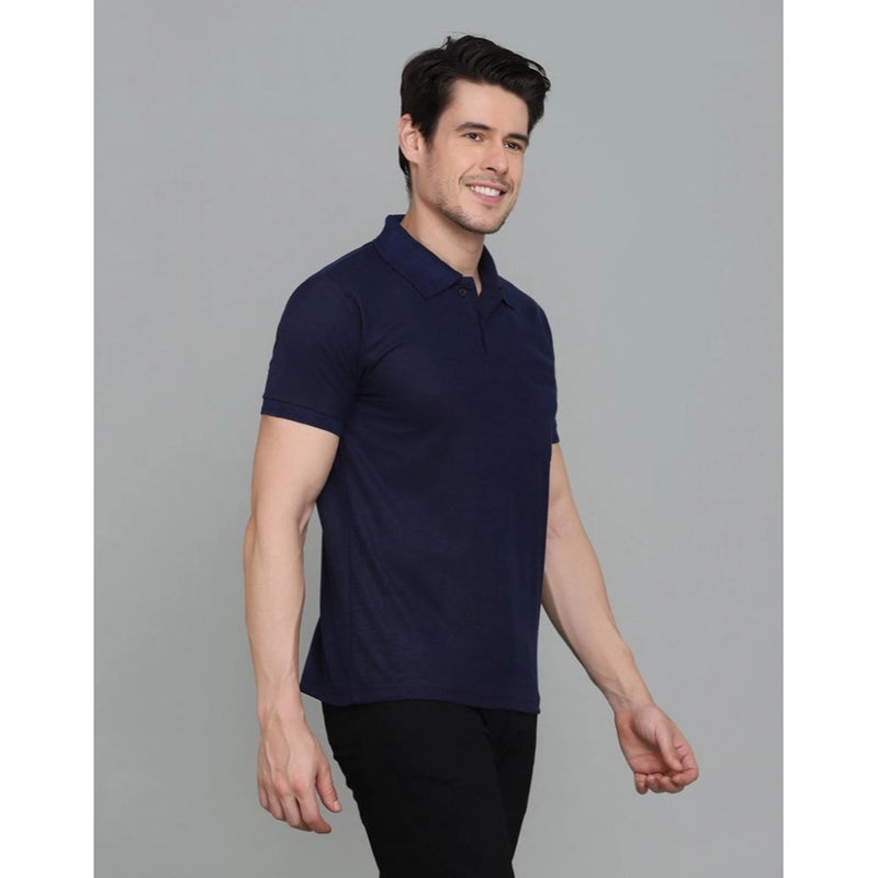 Mayawye Men's Casual Half Sleeve Solid Cotton Blended Polo Neck T-shirt (Navy Blue)