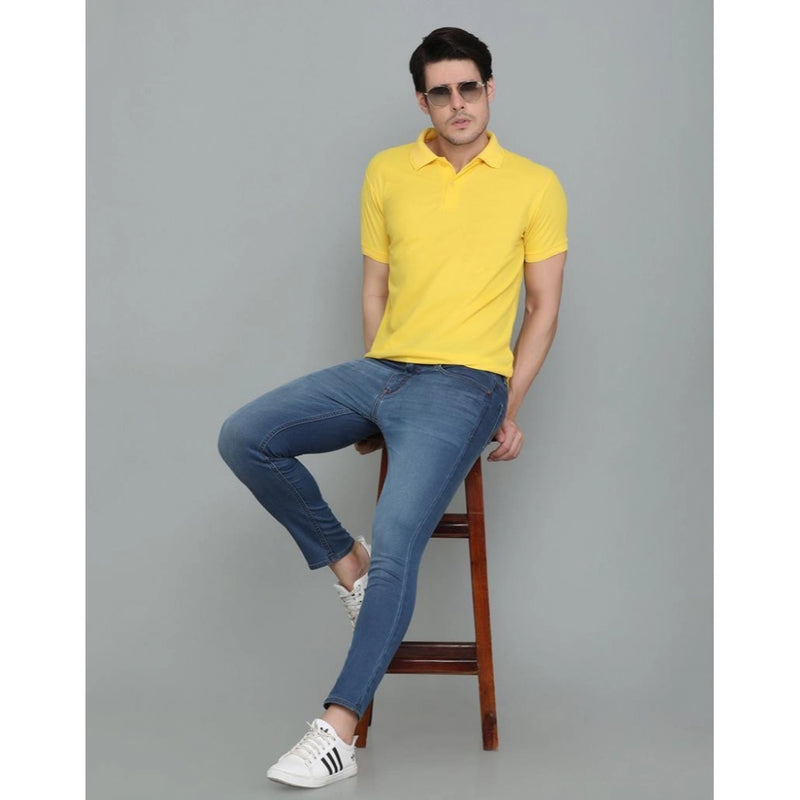 Mayawye Men's Casual Half Sleeve Solid Cotton Blended Polo Neck T-shirt (Yellow)