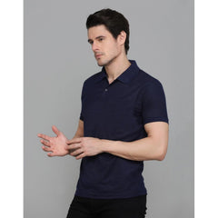 Mayawye Men's Casual Half Sleeve Solid Cotton Blended Polo Neck T-shirt (Navy Blue)