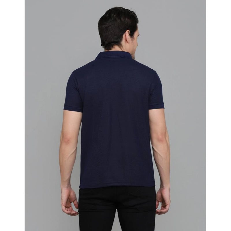 Mayawye Men's Casual Half Sleeve Solid Cotton Blended Polo Neck T-shirt (Navy Blue)