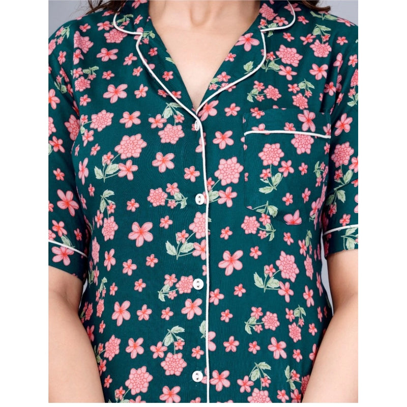 Mayawye Women's Casual Half Sleeve Printed Viscose Rayon Shirt With Pyjama Pant Night Suit Set (Teal)