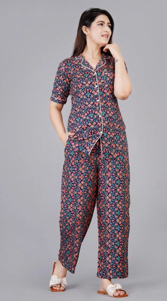 Mayawye Women's Casual Half Sleeve Printed Viscose Rayon Shirt With Pyjama Pant Night Suit Set (Blue)