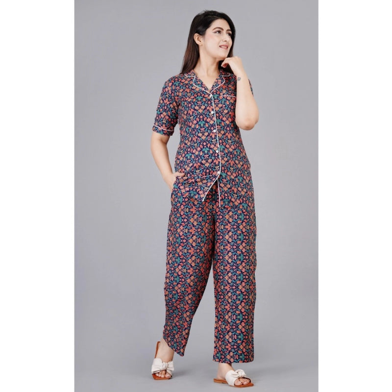 Mayawye Women's Casual Half Sleeve Printed Viscose Rayon Shirt With Pyjama Pant Night Suit Set (Blue)