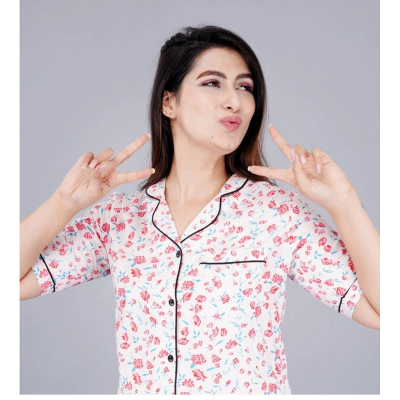 Mayawye Women's Casual Half Sleeve Printed Viscose Rayon Shirt With Pyjama Pant Night Suit Set (Baby Pink)