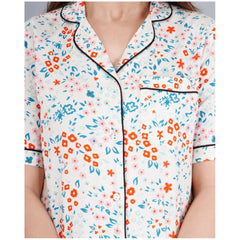 Mayawye Women's Casual Half Sleeve Printed Viscose Rayon Shirt With Pyjama Pant Night Suit Set (White)