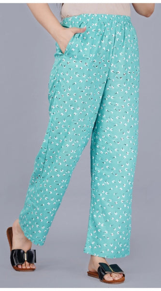 Mayawye Women's Casual Half Sleeve Printed Viscose Rayon Shirt With Pyjama Pant Night Suit Set (Green)