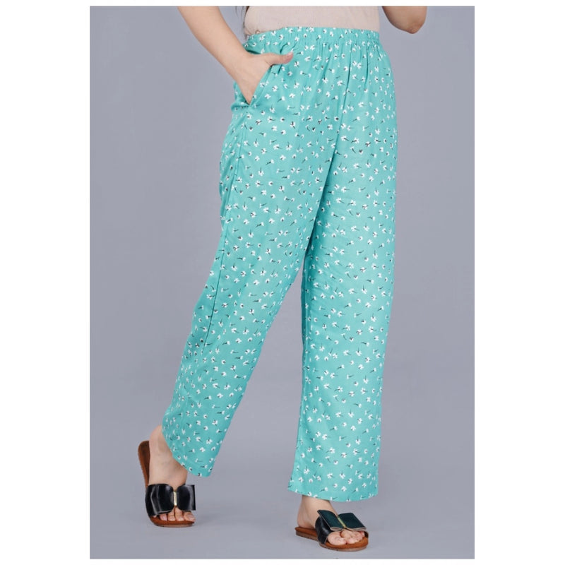 Mayawye Women's Casual Half Sleeve Printed Viscose Rayon Shirt With Pyjama Pant Night Suit Set (Green)