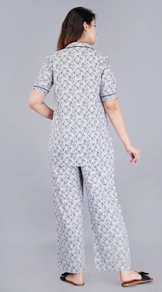 Mayawye Women's Casual Half Sleeve Printed Viscose Rayon Shirt With Pyjama Pant Night Suit Set (Grey)