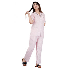 Mayawye Women's Casual Half Sleeve Printed Viscose Rayon Shirt With Pyjama Pant Night Suit Set (Pink)