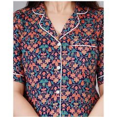 Mayawye Women's Casual Half Sleeve Printed Viscose Rayon Shirt With Pyjama Pant Night Suit Set (Blue)