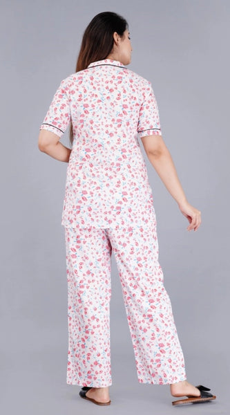 Mayawye Women's Casual Half Sleeve Printed Viscose Rayon Shirt With Pyjama Pant Night Suit Set (Baby Pink)