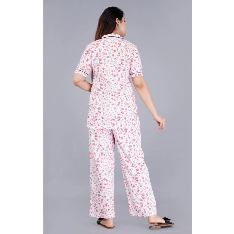 Mayawye Women's Casual Half Sleeve Printed Viscose Rayon Shirt With Pyjama Pant Night Suit Set (Baby Pink)