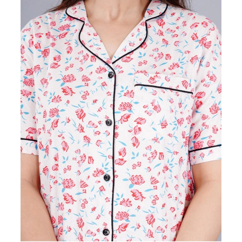 Mayawye Women's Casual Half Sleeve Printed Viscose Rayon Shirt With Pyjama Pant Night Suit Set (Baby Pink)