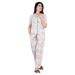 Mayawye Women's Casual Half Sleeve Printed Viscose Rayon Shirt With Pyjama Pant Night Suit Set (White)