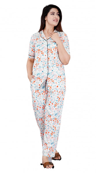 Mayawye Women's Casual Half Sleeve Printed Viscose Rayon Shirt With Pyjama Pant Night Suit Set (White)
