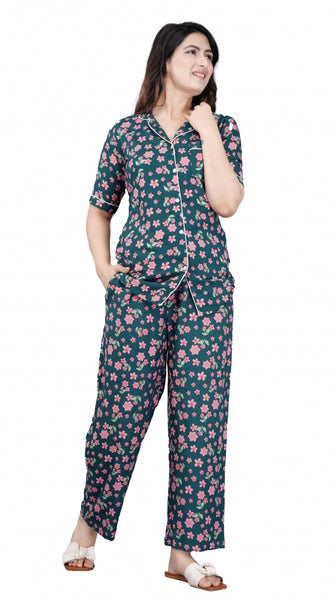 Mayawye Women's Casual Half Sleeve Printed Viscose Rayon Shirt With Pyjama Pant Night Suit Set (Teal)