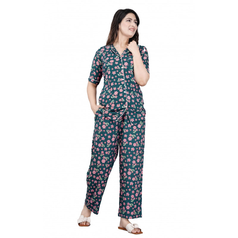 Mayawye Women's Casual Half Sleeve Printed Viscose Rayon Shirt With Pyjama Pant Night Suit Set (Teal)
