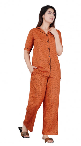 Mayawye Women's Casual Half Sleeve Printed Viscose Rayon Shirt With Pyjama Pant Night Suit Set (Brown)