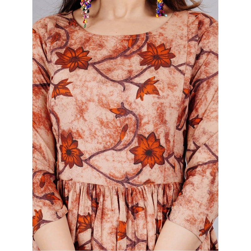 Mayawye Women's Casual 3/4 Sleeve Printed Viscose Maternity Feeding Kurti (Brown)