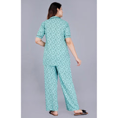 Mayawye Women's Casual Half Sleeve Printed Viscose Rayon Shirt With Pyjama Pant Night Suit Set (Green)