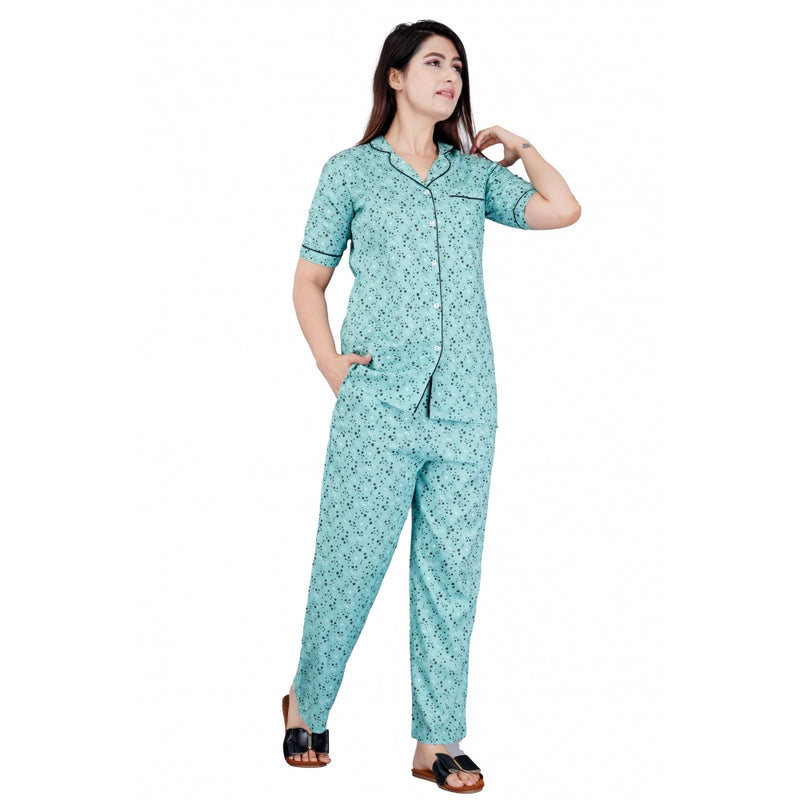 Mayawye Women's Casual Half Sleeve Printed Viscose Rayon Shirt With Pyjama Pant Night Suit Set (Green)