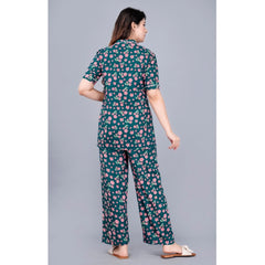 Mayawye Women's Casual Half Sleeve Printed Viscose Rayon Shirt With Pyjama Pant Night Suit Set (Teal)