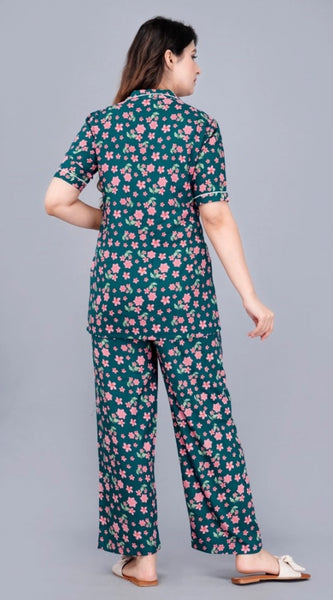 Mayawye Women's Casual Half Sleeve Printed Viscose Rayon Shirt With Pyjama Pant Night Suit Set (Teal)