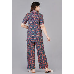 Mayawye Women's Casual Half Sleeve Printed Viscose Rayon Shirt With Pyjama Pant Night Suit Set (Blue)