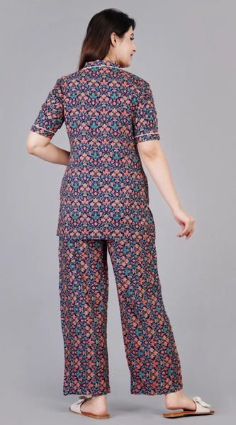 Mayawye Women's Casual Half Sleeve Printed Viscose Rayon Shirt With Pyjama Pant Night Suit Set (Blue)