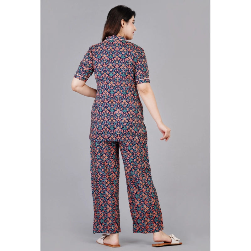 Mayawye Women's Casual Half Sleeve Printed Viscose Rayon Shirt With Pyjama Pant Night Suit Set (Blue)