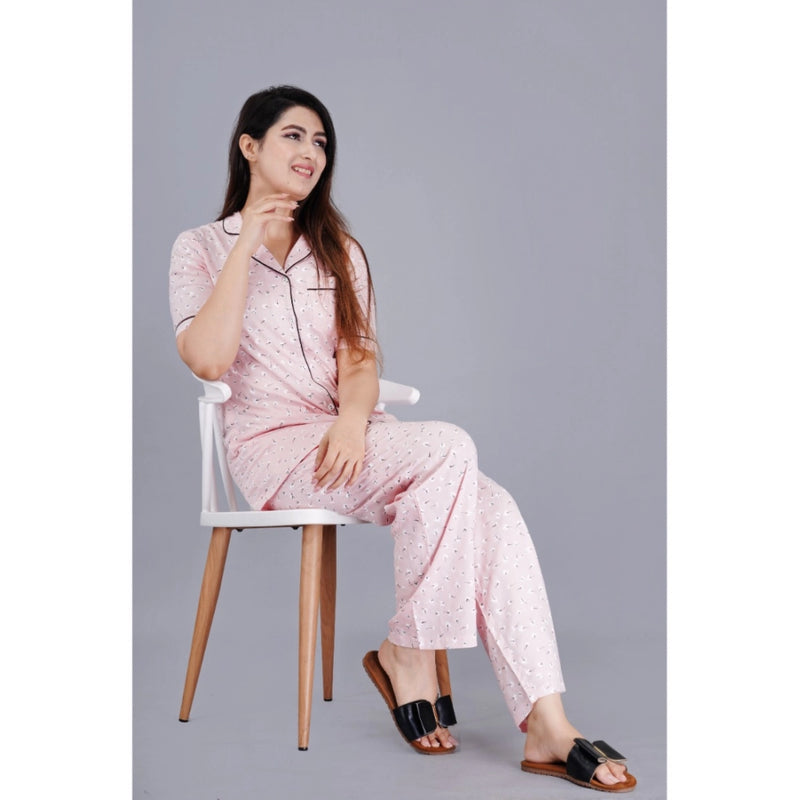 Mayawye Women's Casual Half Sleeve Printed Viscose Rayon Shirt With Pyjama Pant Night Suit Set (Pink)
