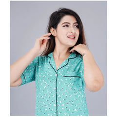 Mayawye Women's Casual Half Sleeve Printed Viscose Rayon Shirt With Pyjama Pant Night Suit Set (Green)