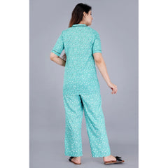 Mayawye Women's Casual Half Sleeve Printed Viscose Rayon Shirt With Pyjama Pant Night Suit Set (Green)