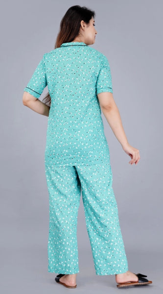 Mayawye Women's Casual Half Sleeve Printed Viscose Rayon Shirt With Pyjama Pant Night Suit Set (Green)