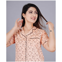 Mayawye Women's Casual Half Sleeve Printed Viscose Rayon Shirt With Pyjama Pant Night Suit Set (Peach)