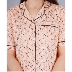 Mayawye Women's Casual Half Sleeve Printed Viscose Rayon Shirt With Pyjama Pant Night Suit Set (Peach)