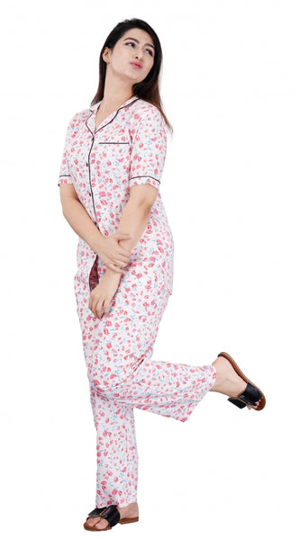 Mayawye Women's Casual Half Sleeve Printed Viscose Rayon Shirt With Pyjama Pant Night Suit Set (Baby Pink)