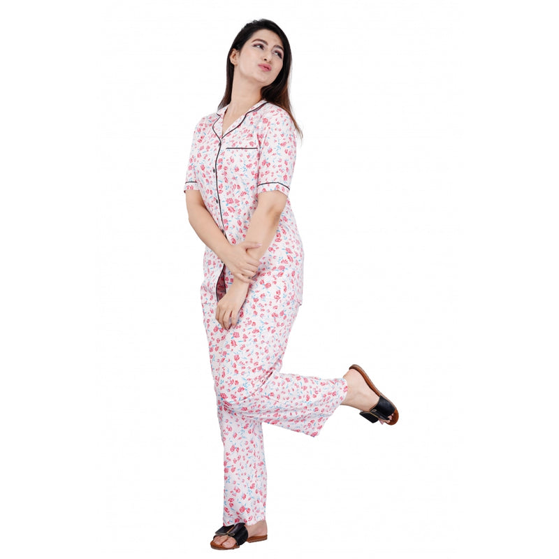 Mayawye Women's Casual Half Sleeve Printed Viscose Rayon Shirt With Pyjama Pant Night Suit Set (Baby Pink)