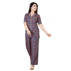 Mayawye Women's Casual Half Sleeve Printed Viscose Rayon Shirt With Pyjama Pant Night Suit Set (Blue)