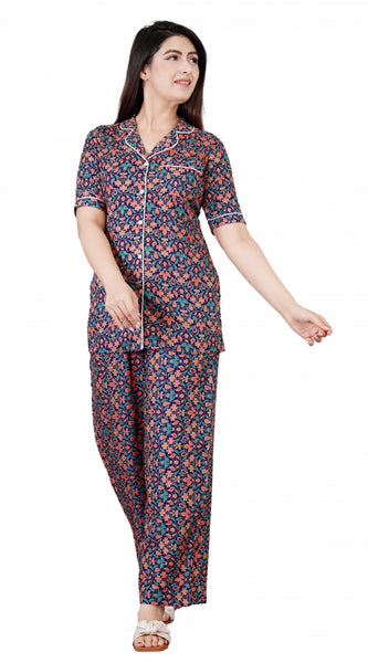 Mayawye Women's Casual Half Sleeve Printed Viscose Rayon Shirt With Pyjama Pant Night Suit Set (Blue)
