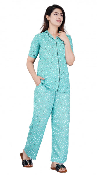 Mayawye Women's Casual Half Sleeve Printed Viscose Rayon Shirt With Pyjama Pant Night Suit Set (Green)