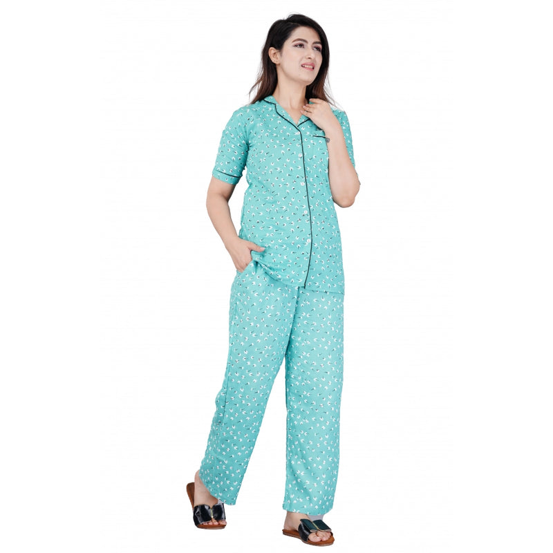 Mayawye Women's Casual Half Sleeve Printed Viscose Rayon Shirt With Pyjama Pant Night Suit Set (Green)